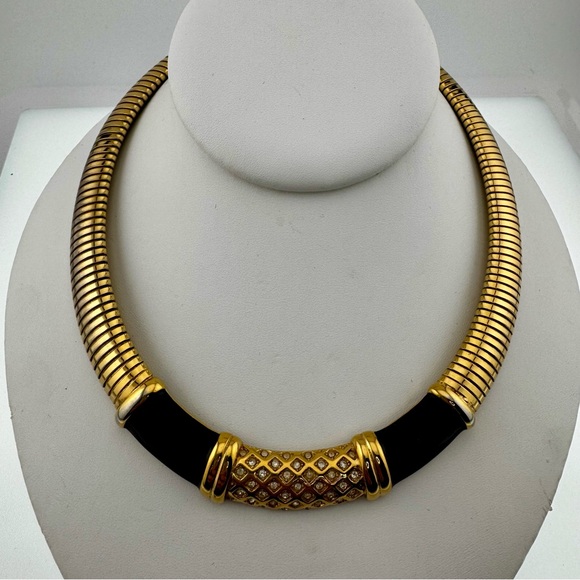 Monet Jewelry - Vintage 1980 Monet Gold and Black Enamel Statement Necklace with Rhinestone